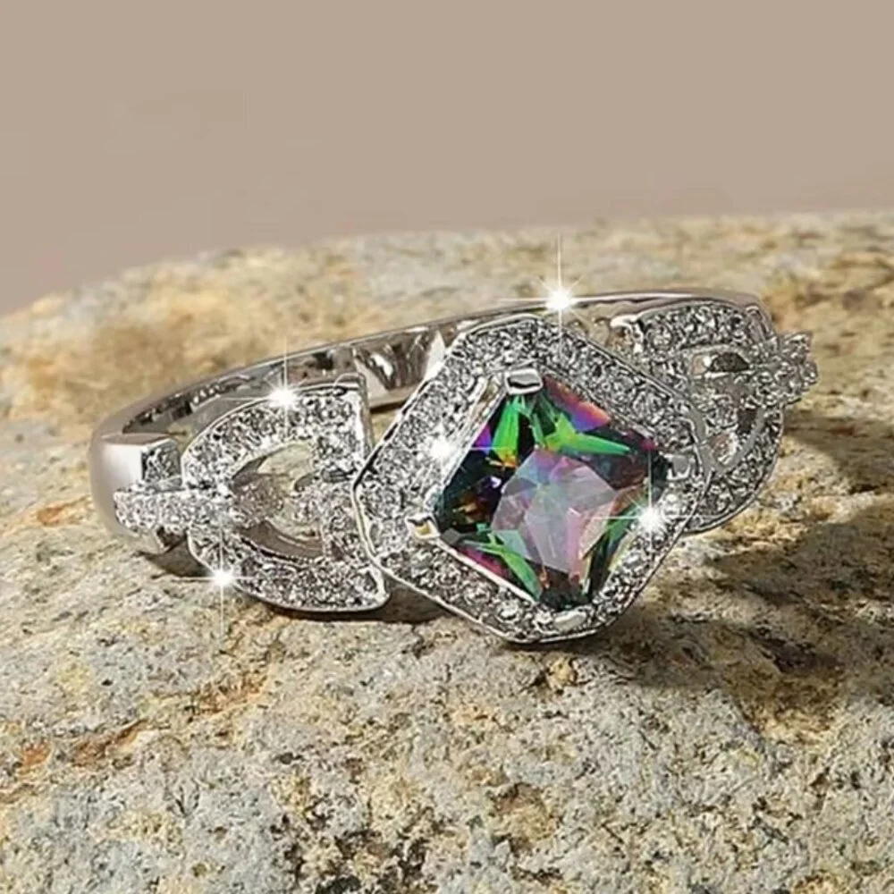 NEW 18k White Gold Mystic Topaz Diamond Ring